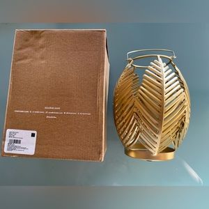 NWT Nicobar handmade brushed gold palm leaf candle lantern 8" tall unique gift